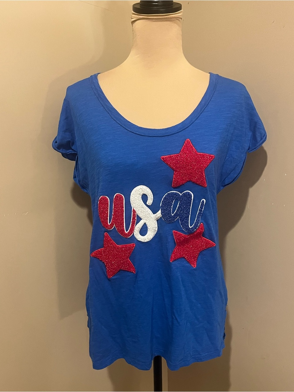 Cato Blue “letterman jacket style” USA Graphic Tee with Red Glitter Stars, med